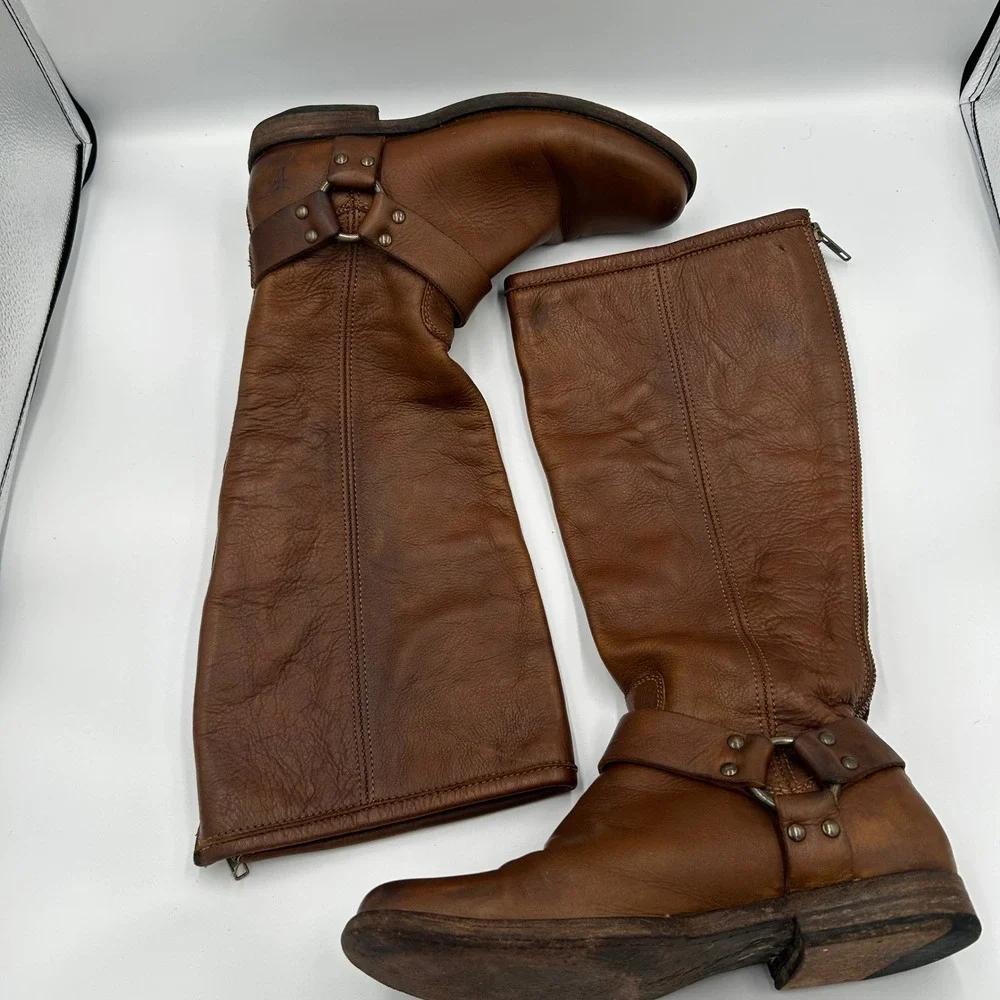 Frye Melissa Harness Boots Womens 7.5B Brown Leather Extended Calf 76850